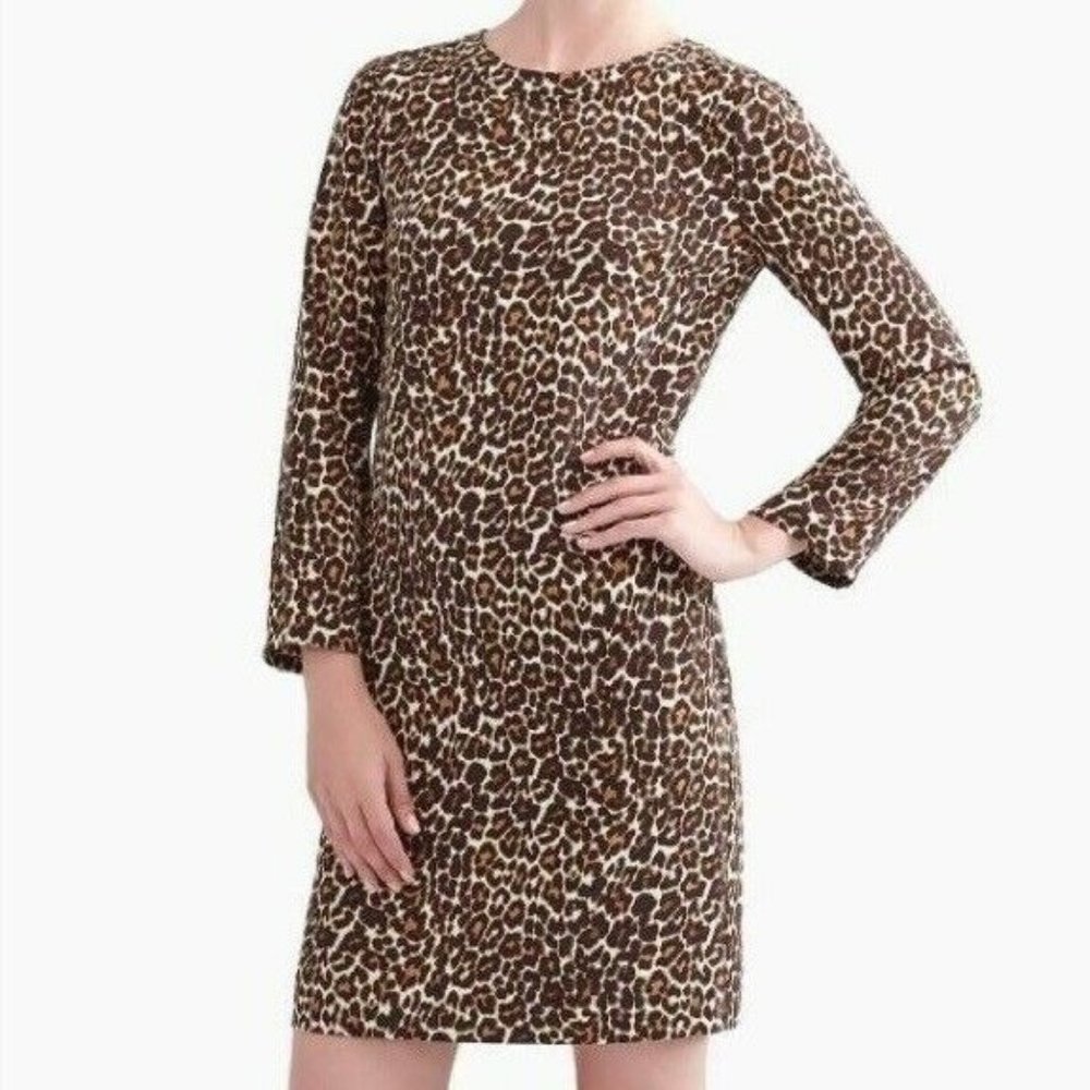 J.Crew Dress Brown Cheetah Print Crepe Long Sleeve Shift